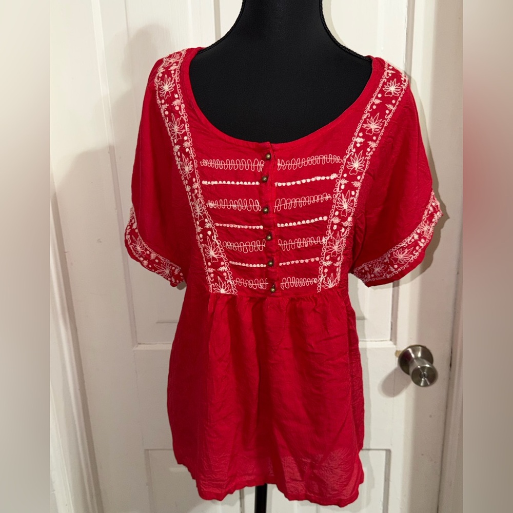 Women's size XL Forever 21 Red‎ Embroidered Blouse, shirt, top cottagecore